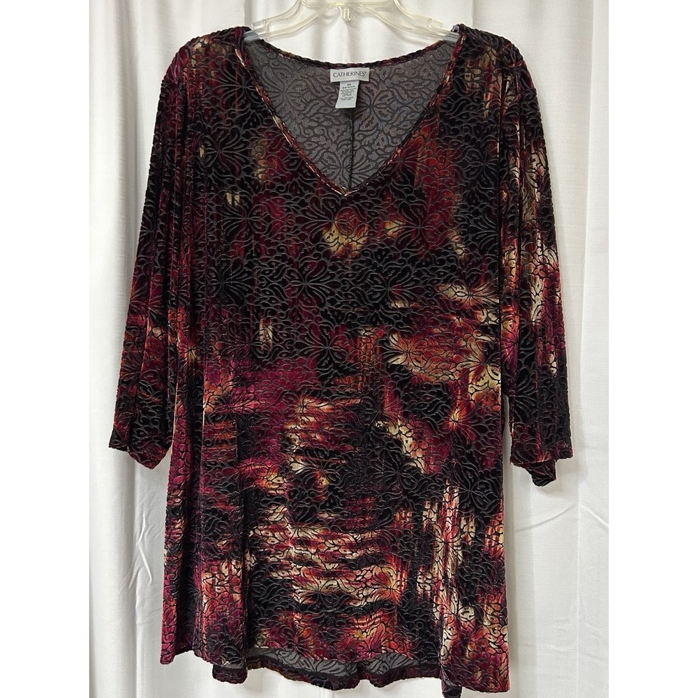 Catherines 2X 22/24W Red Velvet Burnout Tunic Top 3/4 Sleeve Plus